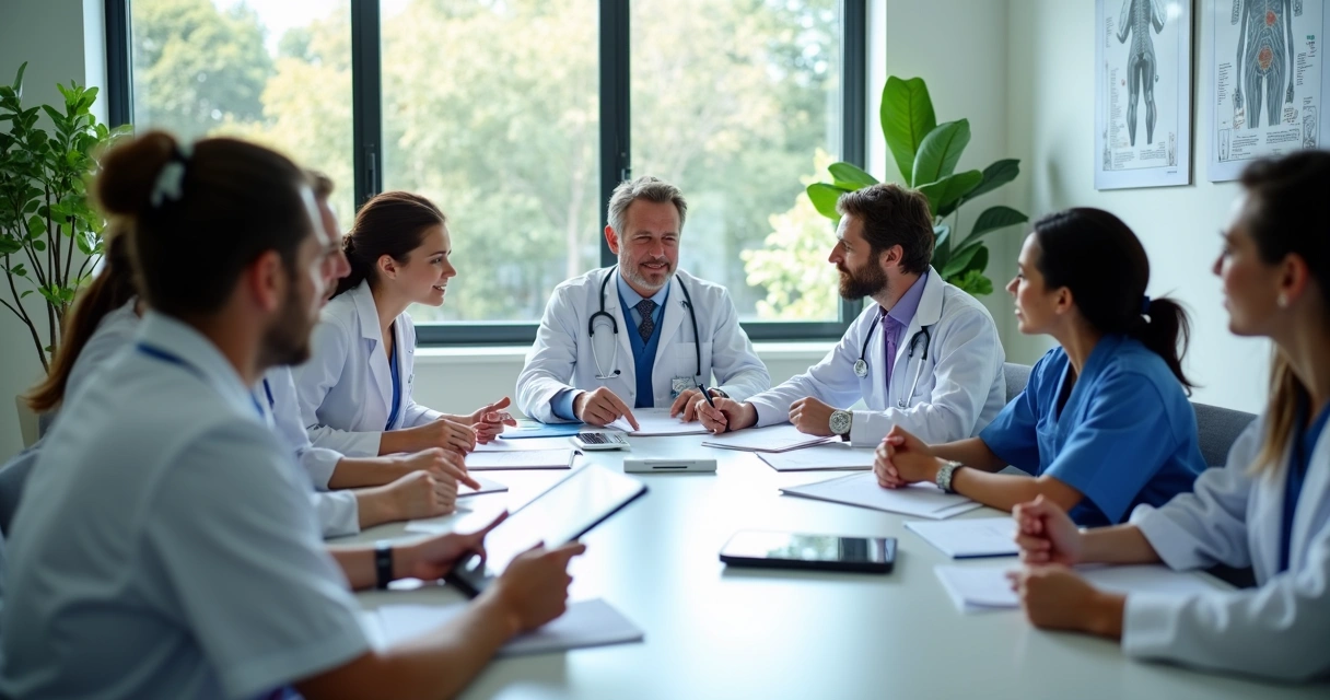 Equipe clínica debatendo estratégias em uma sala de reunião 