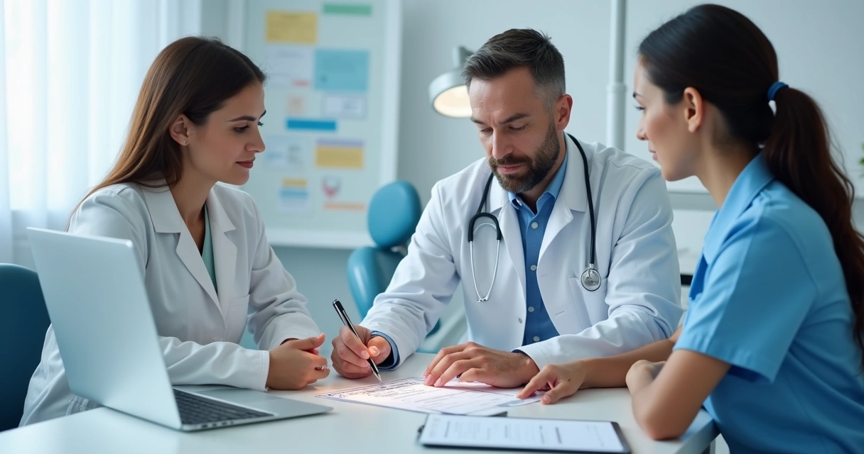 Equipe de clínica revisando plano digital de emergência 