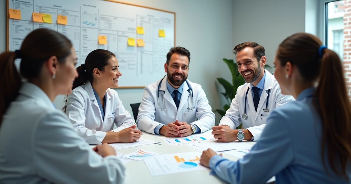 Equipe de clínica odontológica reunida em planejamento