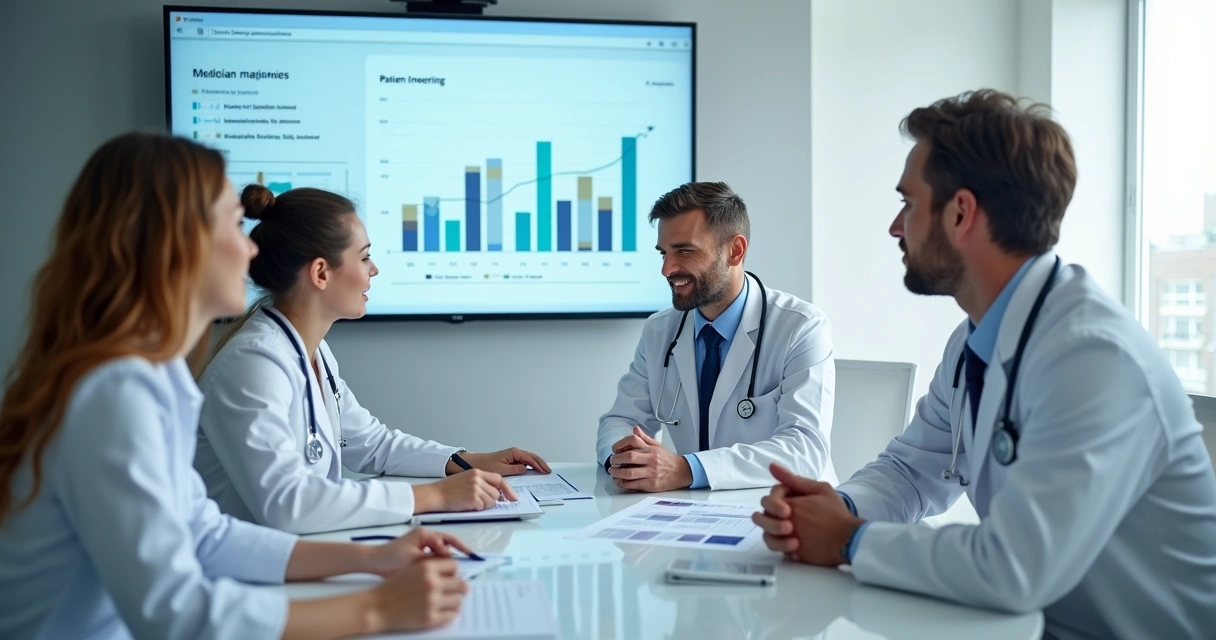 Equipe de clínica médica discutindo estratégia de atendimento ao paciente com dados em mãos 