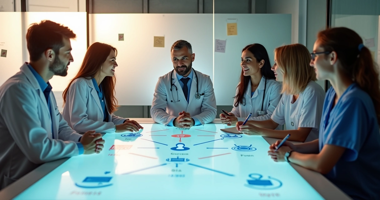 Equipe de clínica em reunião em volta de mesa digital analisando automação simples 