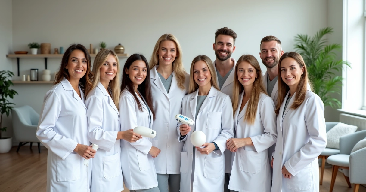 Equipe de clínica de estética reunida sorrindo em salão moderno 