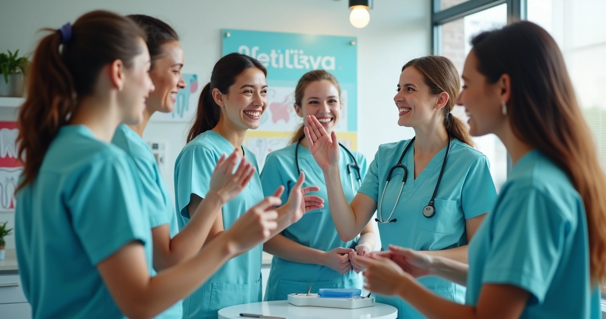 Equipe de clínica odontológica sorrindo e comemorando. 