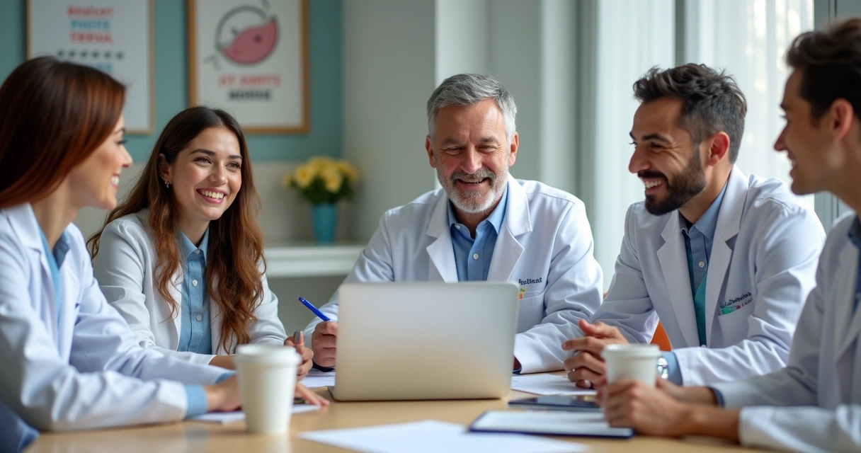 Equipe de clínica odontológica se reunindo ao redor de um notebook sorrindo