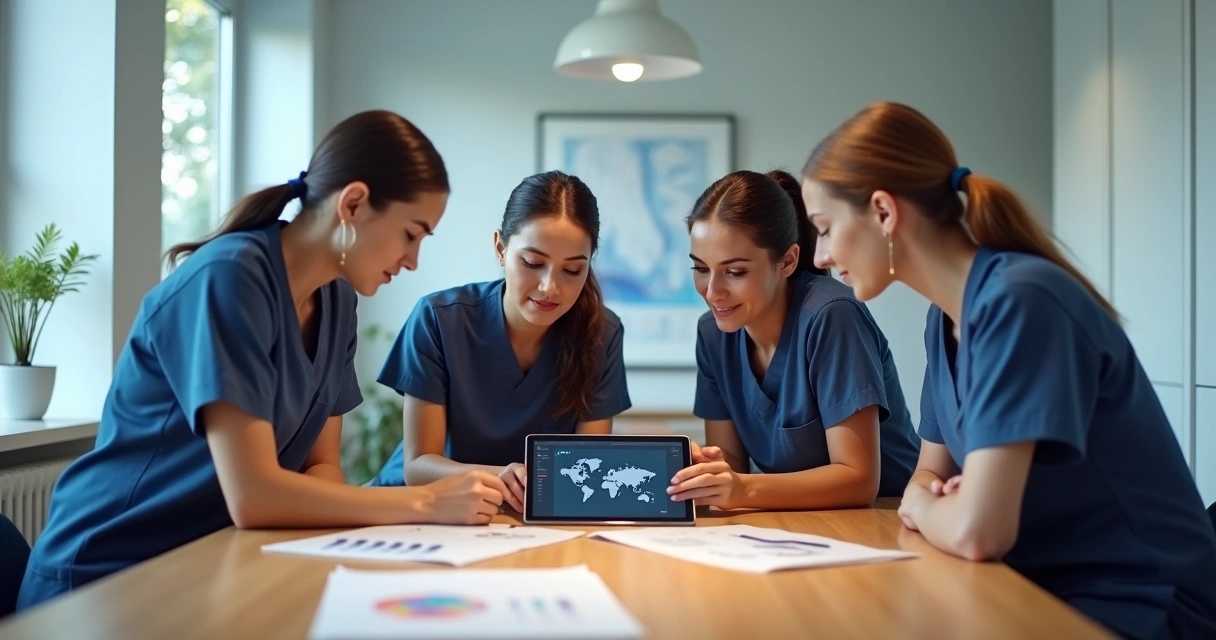 Equipe de clínica analisando ferramenta digital em tablet