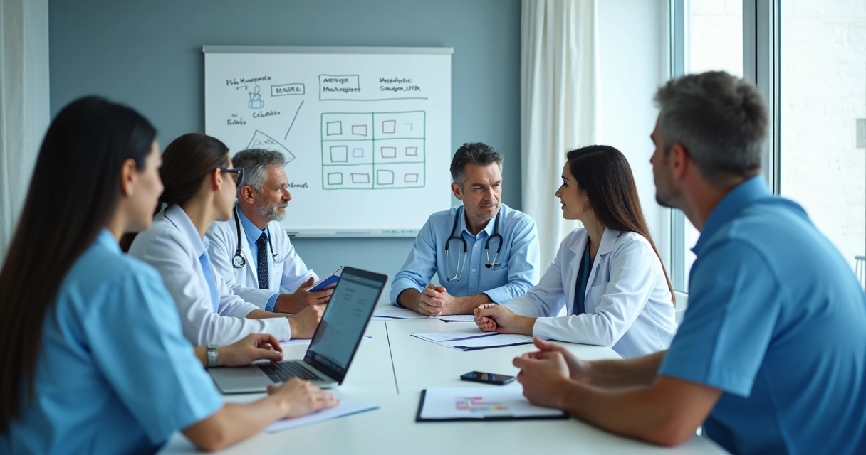 Equipe clínica em reunião analisando protocolo de riscos 