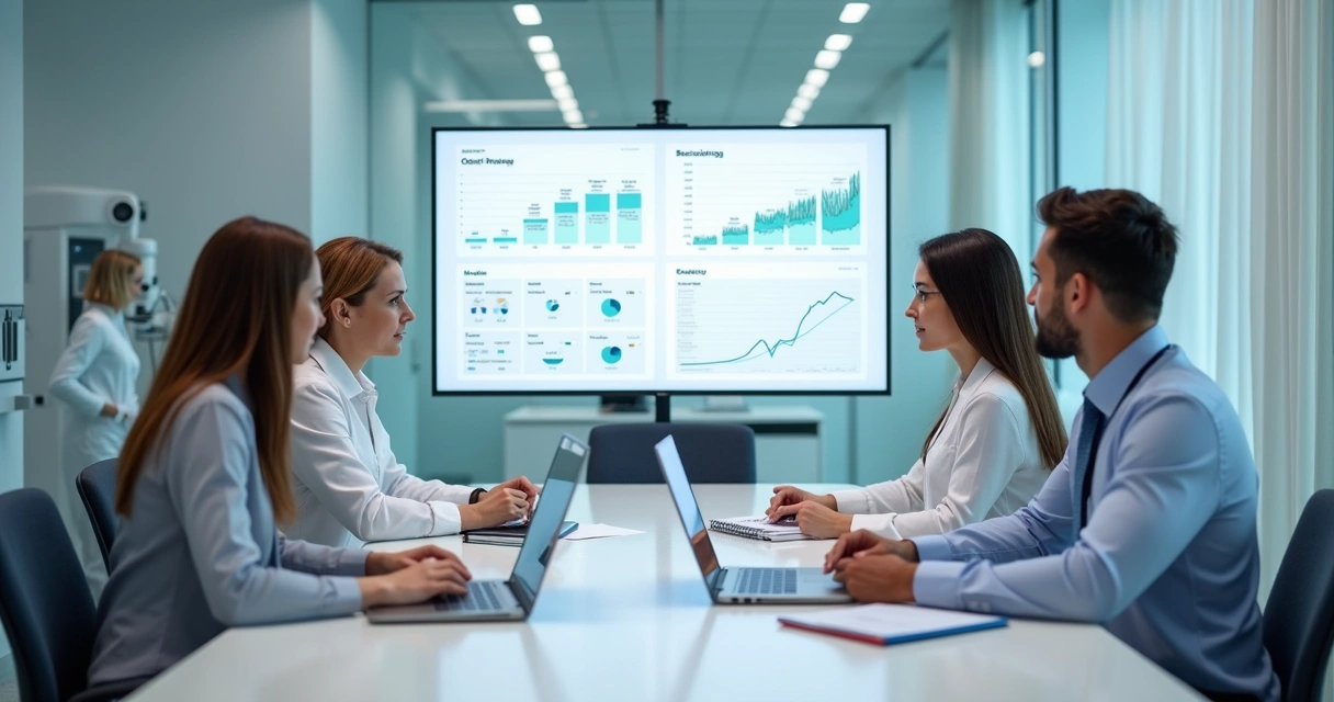 Equipe administrativa em clínica analisando relatórios 