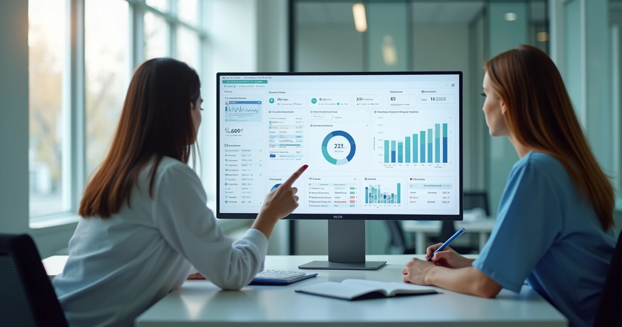 Equipe clínica acompanhando painel de atendimento com IA