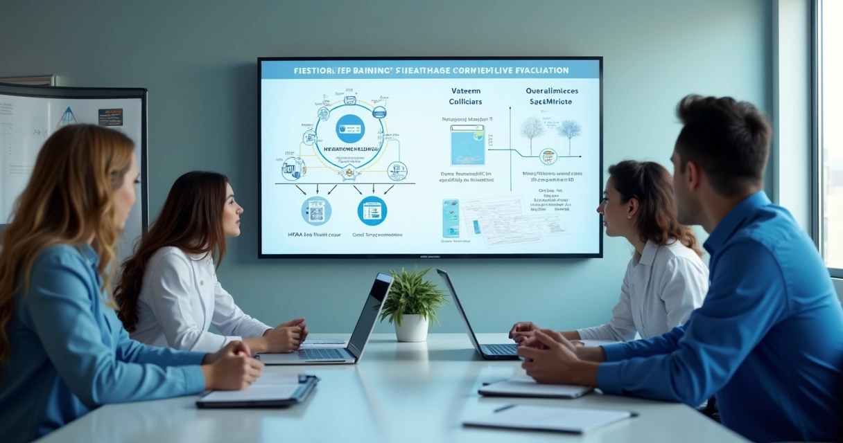 Equipe clínica em reunião de implantação de software 