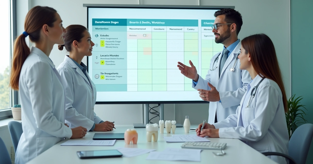 Equipe da clínica e laboratório alinhando prazos em painel digital