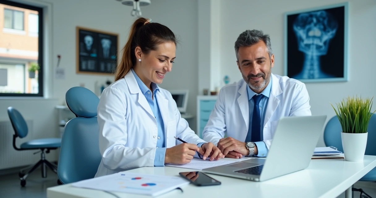 Equipe avaliando métricas de marketing odontológico em uma clínica 