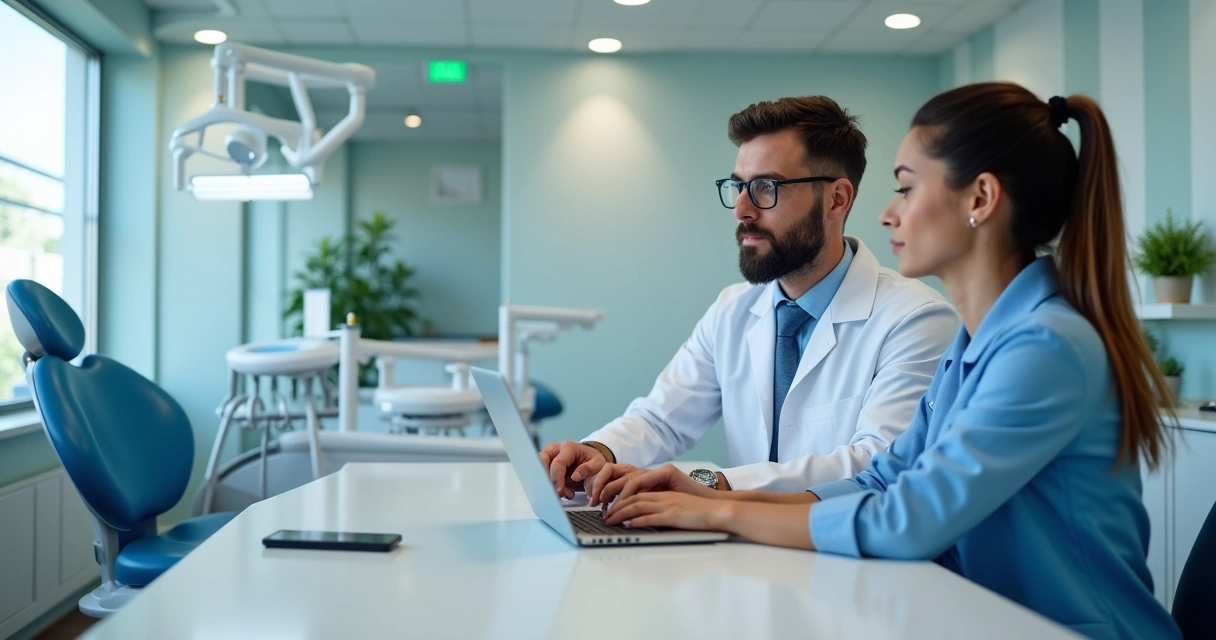 Equipe odontológica analisando campanhas em notebook na clínica 