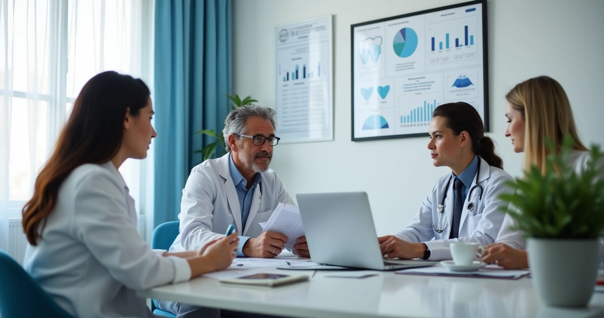 Equipe analisando campanhas de marketing em clínica odontológica