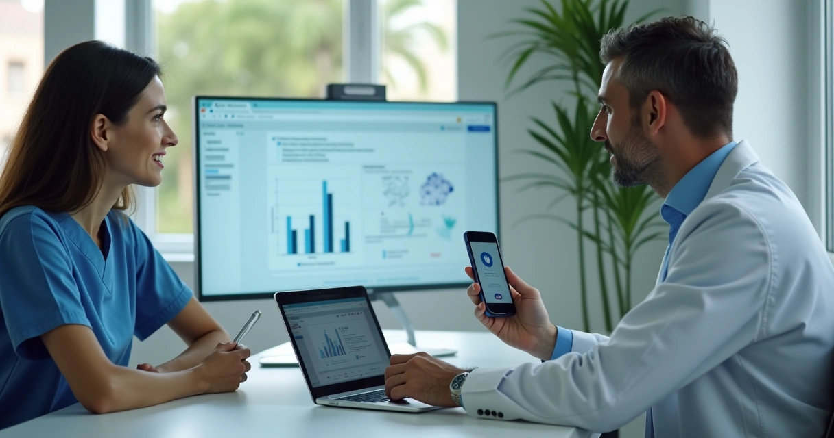 Equipe analisando campanha odontológica em notebook e celular 