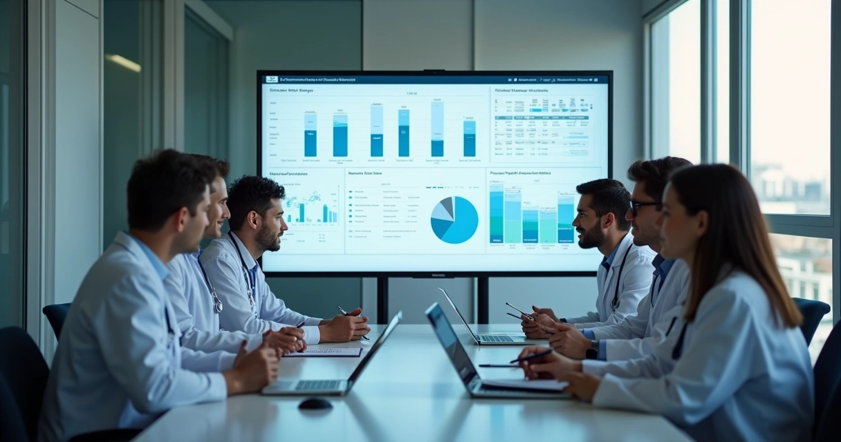 Equipe de clínica médica discutindo dados de CRM em uma reunião 