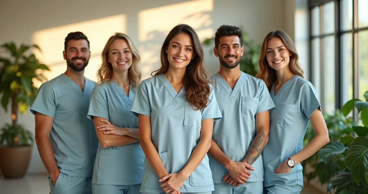 Equipe real de clínica odontológica sorrindo em frente à recepção com plantas e cores naturais 