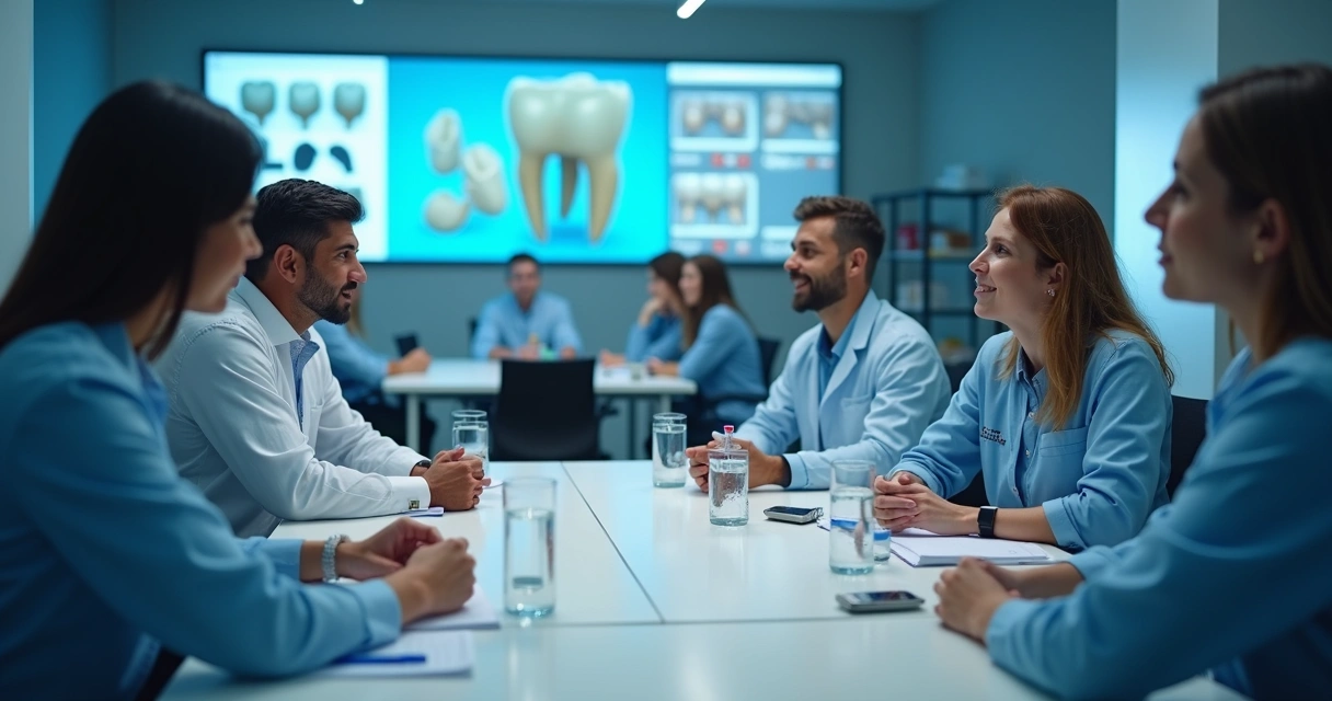 Equipe de clínica odontológica reunida, gesticulando para tela com regras do CRO