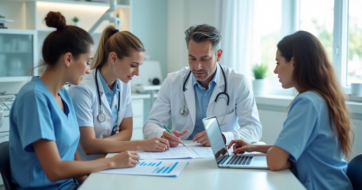 Equipe de clínica odontológica reunida discutindo regras de conformidade