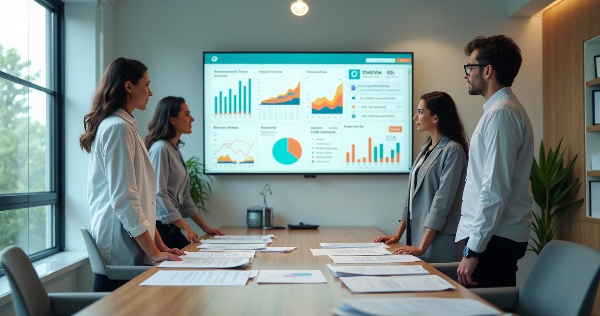 Equipe de clínica odontológica brasileira analisando painéis de KPIs e agenda de pacientes 
