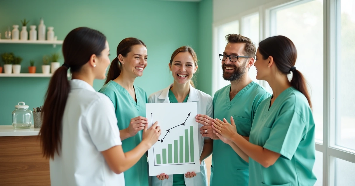 Equipe de clínica odontológica comemorando alcance de metas 