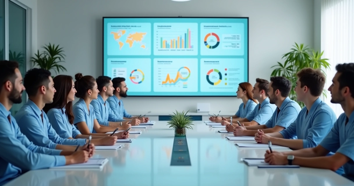 Equipe de clínica odontológica reunida, trocando ideias e olhando indicadores na parede. 