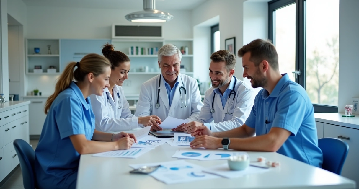 Equipe de clínica odontológica discutindo estratégias em uma mesa de reuniões