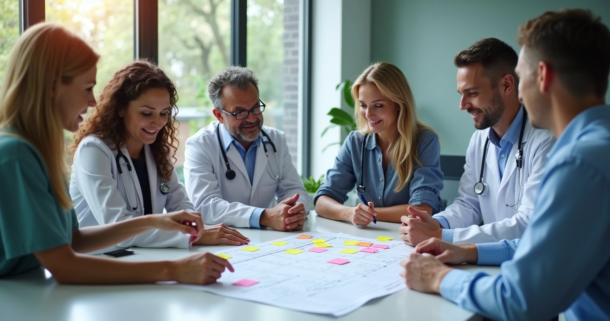 Equipe odontológica reunida olhando planejamento financeiro