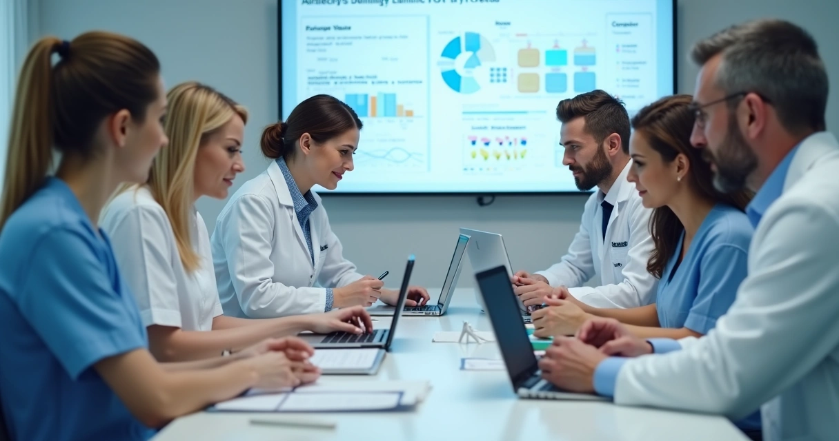 Equipe de clínica odontológica reunida em sala de reunião analisando fluxo de atendimento.