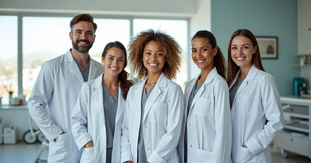 Equipe de clínica odontológica sorrindo em ambiente moderno