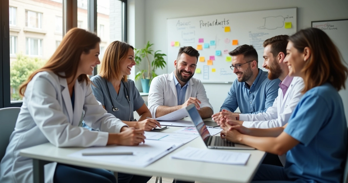 Equipe de profissionais em clínica odontológica reunida ao redor da mesa discutindo planejamento e motivação 
