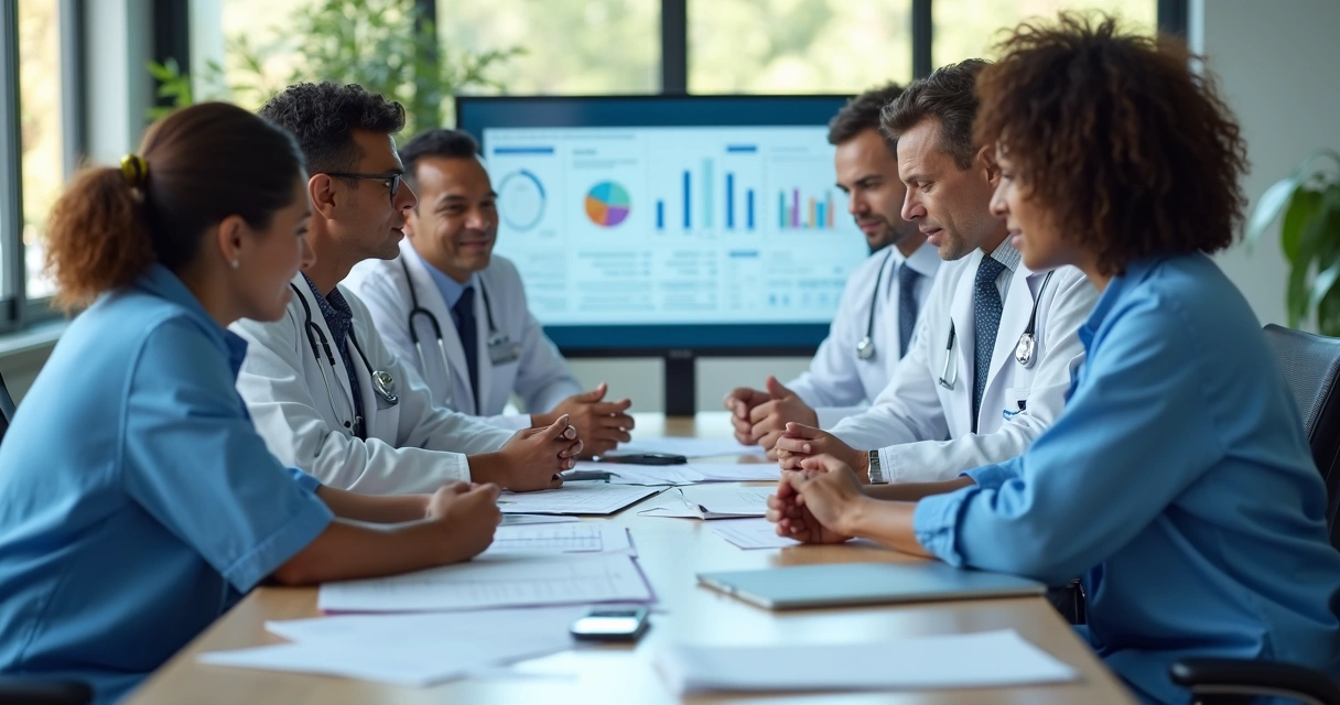 Equipe de clínica médica reunida organizando documentos 