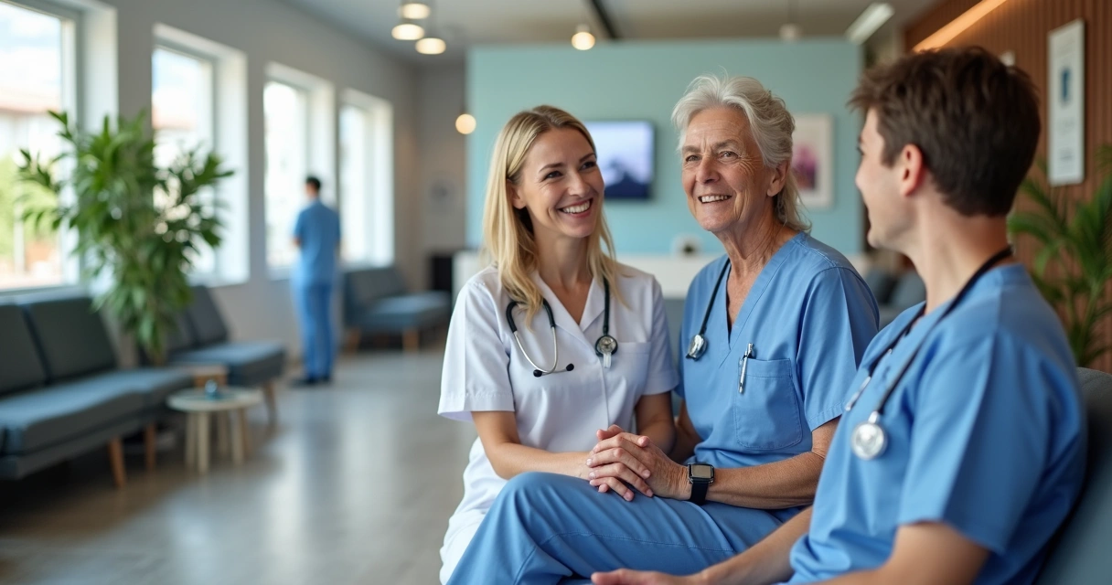 Equipe de clínica médica atendendo paciente em sala de espera 