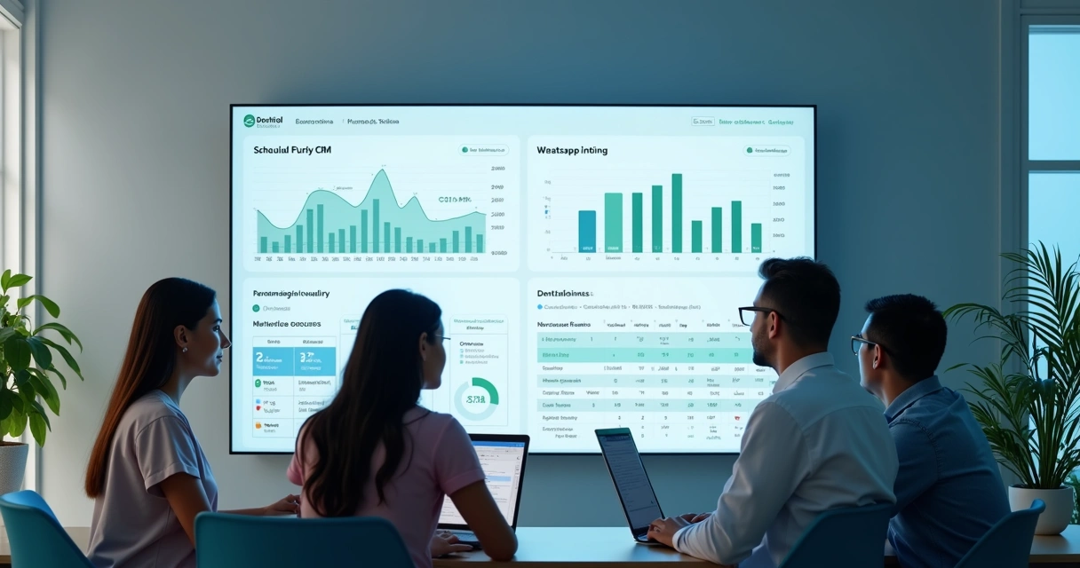 Equipe da clínica analisando CRM e agenda em tela grande 
