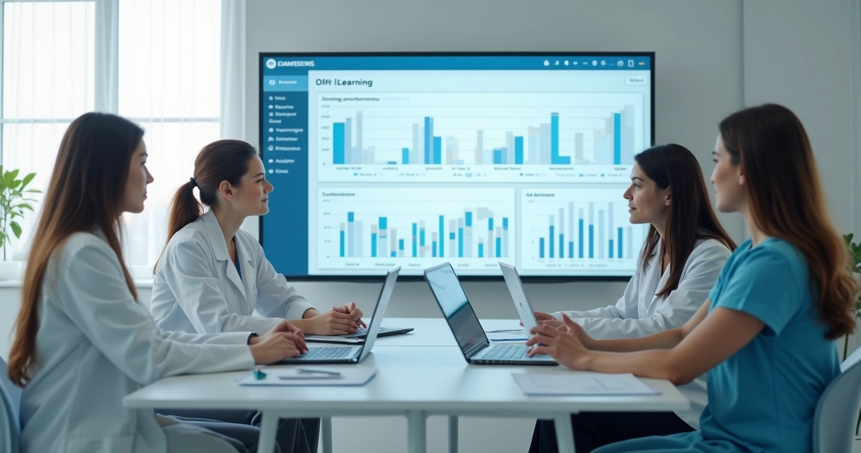 Equipe clínica analisando painel de treinamento 