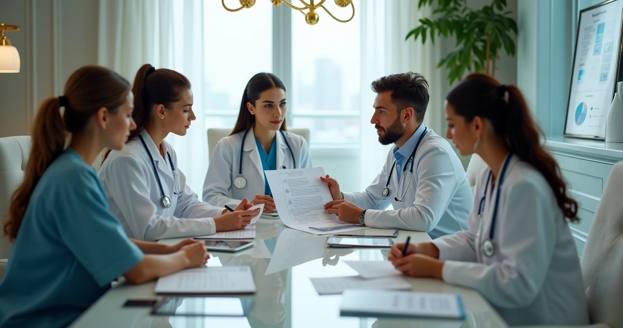 Equipe de clínica premium discutindo estratégias de engajamento 