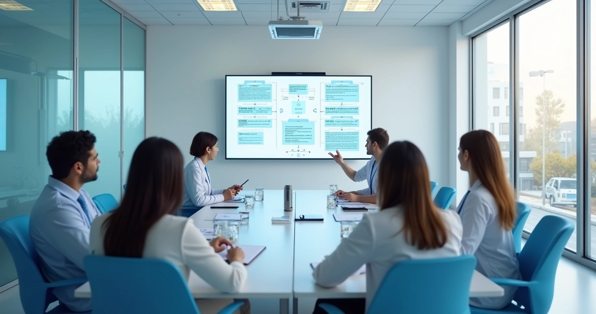 Equipe administrativa de clínica em treinamento sobre proteção de dados