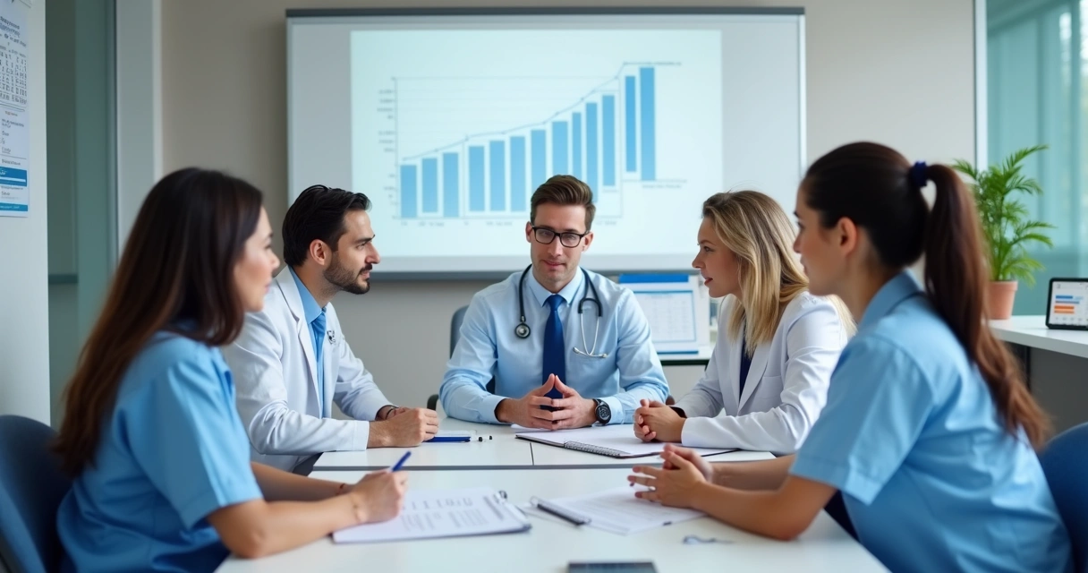 Equipe de clínica em reunião com quadro de metas 