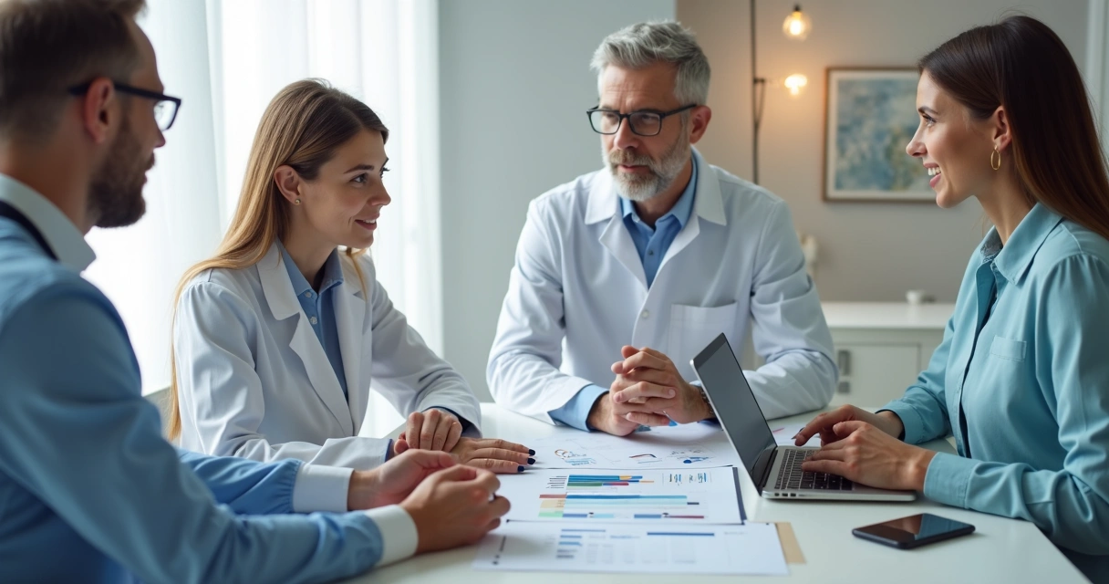 Equipe de clínica odontológica em reunião sobre crescimento
