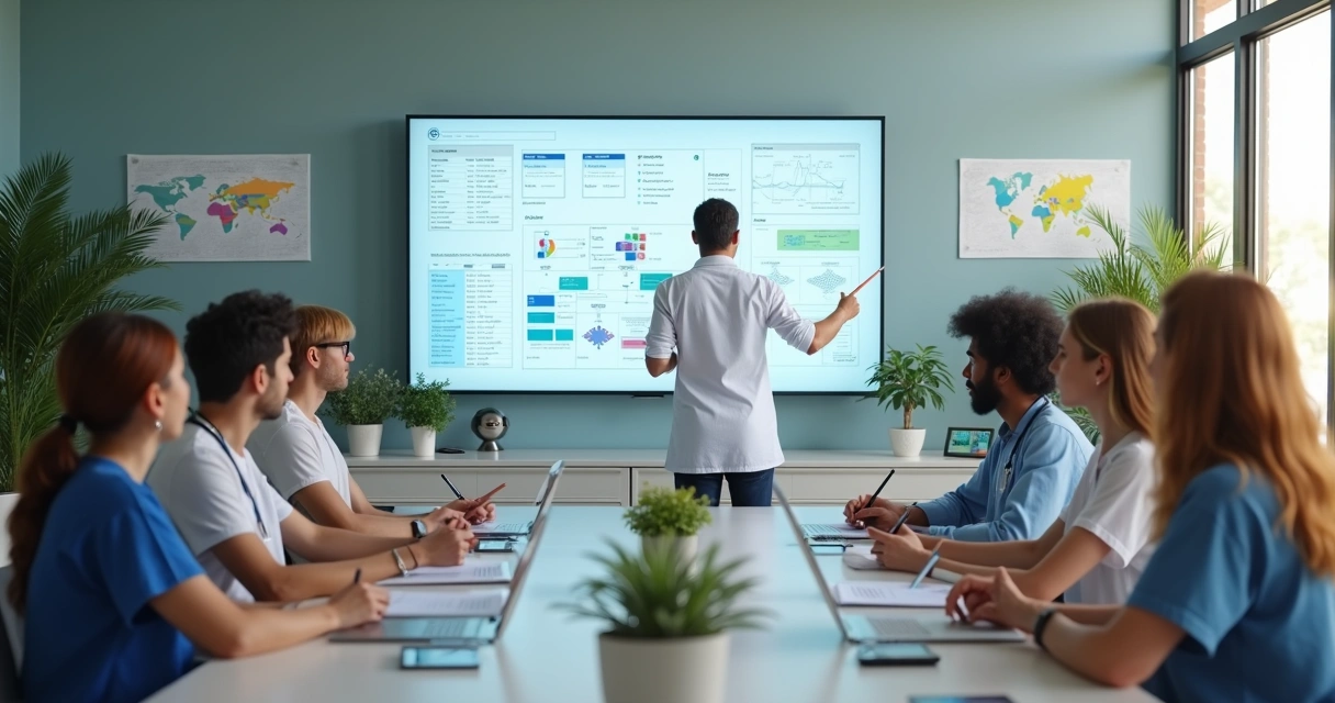 Equipe de clínica médica em reunião avaliando processo de migração 