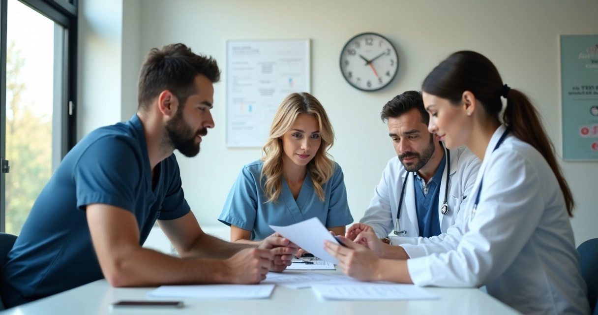 Equipe de clínica médica em reunião discutindo processos internos