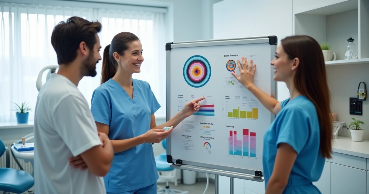 Equipe odontológica reunida discutindo uma meta em um quadro branco 