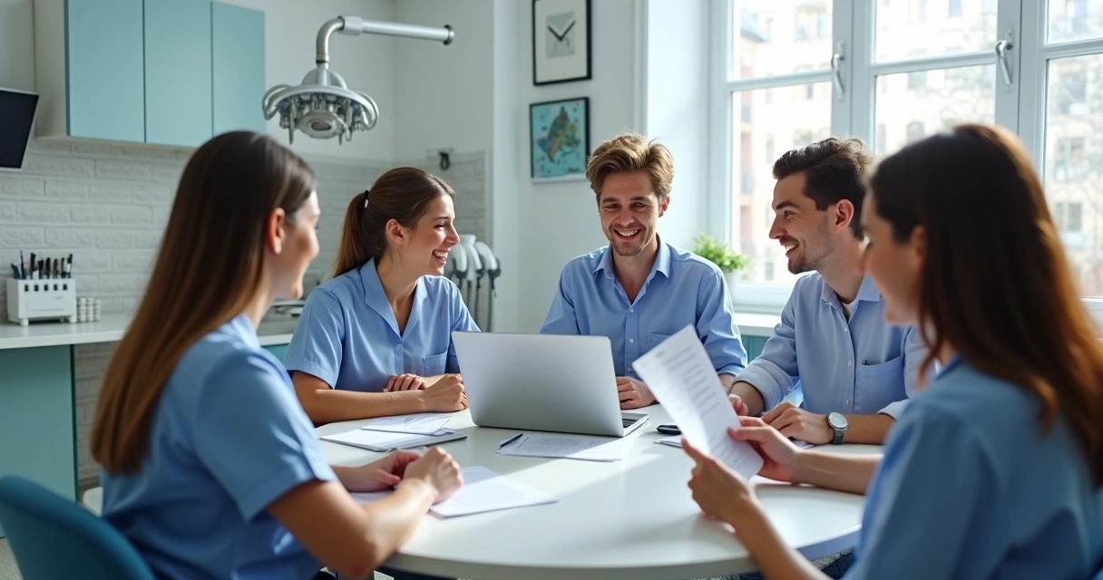 Equipe de clínica odontológica em reunião rápida em volta de uma mesa 