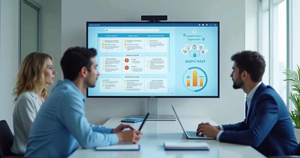 Equipe clínica revisando segurança de documentos digitais