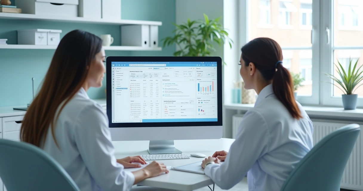 Equipe de clínica analisando dados em sistema odontológico 