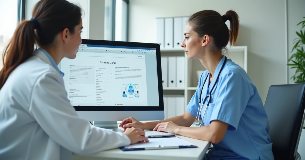Equipe de clínica revisando páginas do site médico 