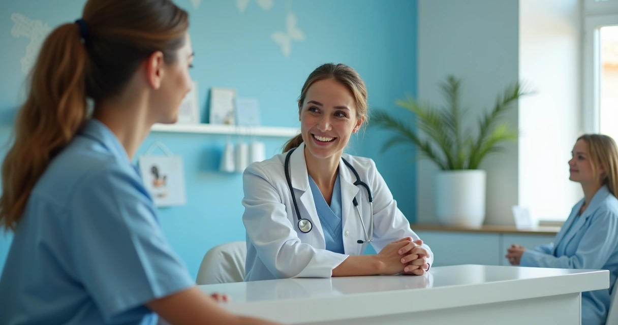 Equipe de clínica de saúde conversando com paciente em ambiente acolhedor
