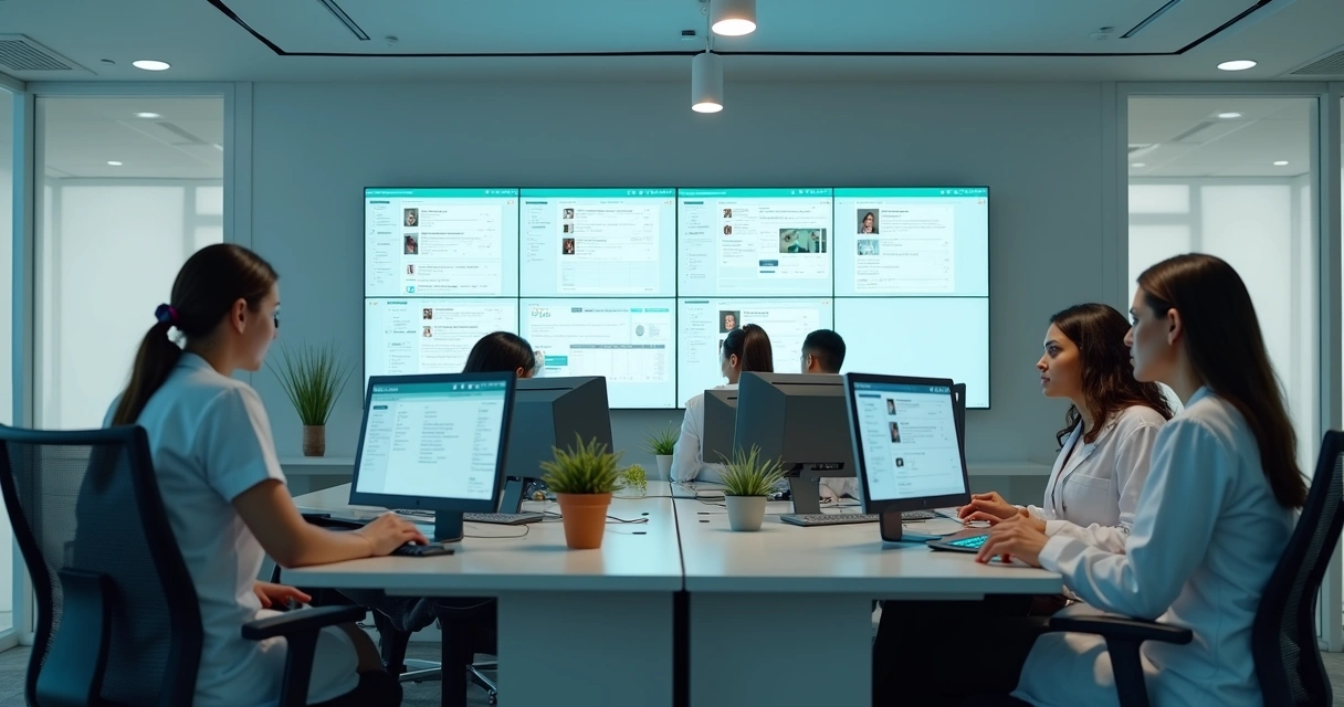 Equipe de clínica médica trabalhando em computadores integrados com WhatsApp Business API 