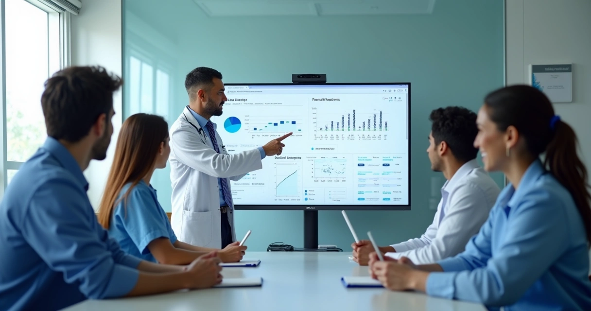 Equipe de clínica em treinamento com painel digital 