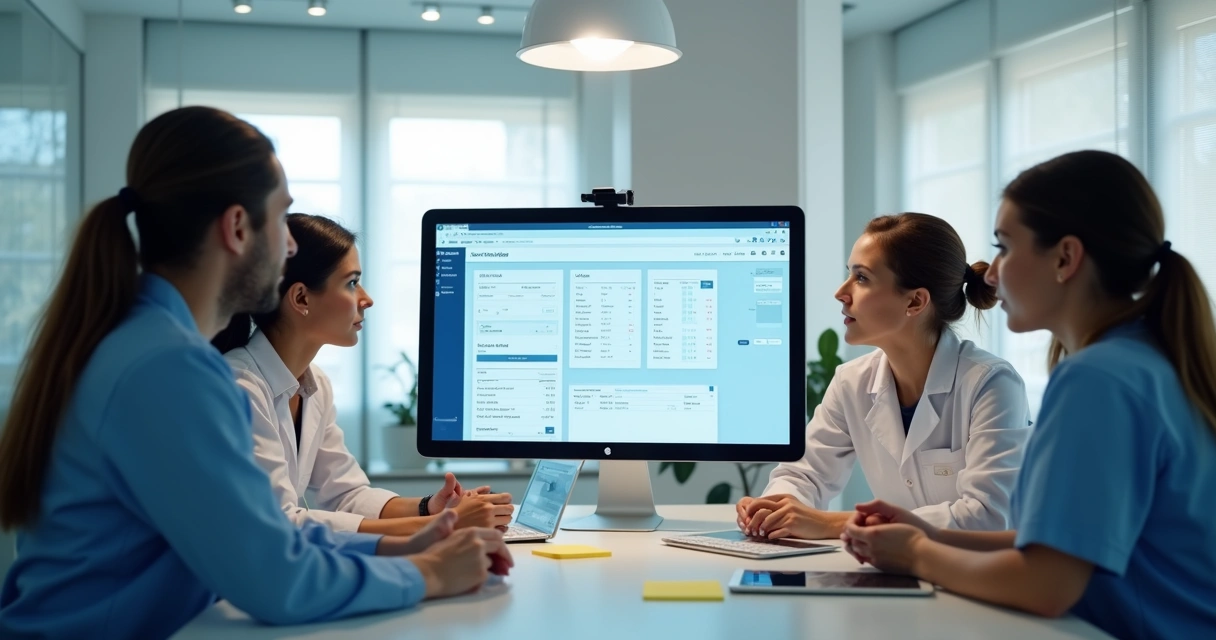 Equipe de clínica odontológica em treinamento sobre software de gestão digital 