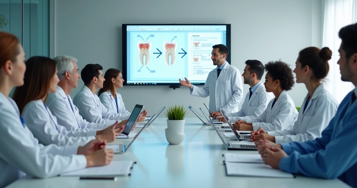 Equipe de clínica odontológica reunida em volta de mesa durante treinamento de atendimento